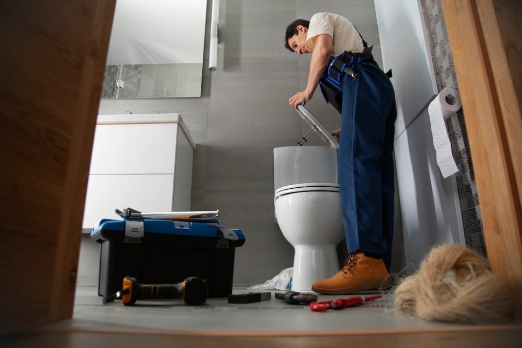 A professional plumber is checking out the toilet
