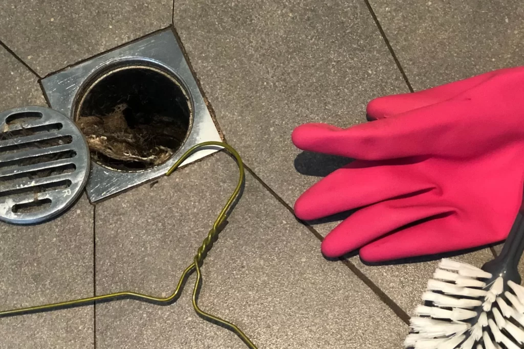 Equipment to unblock a drain, including wire hanger, gloves, and toilet brush